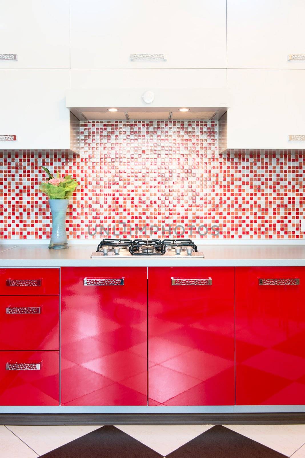 Kitchen red and white. Owen and flowers