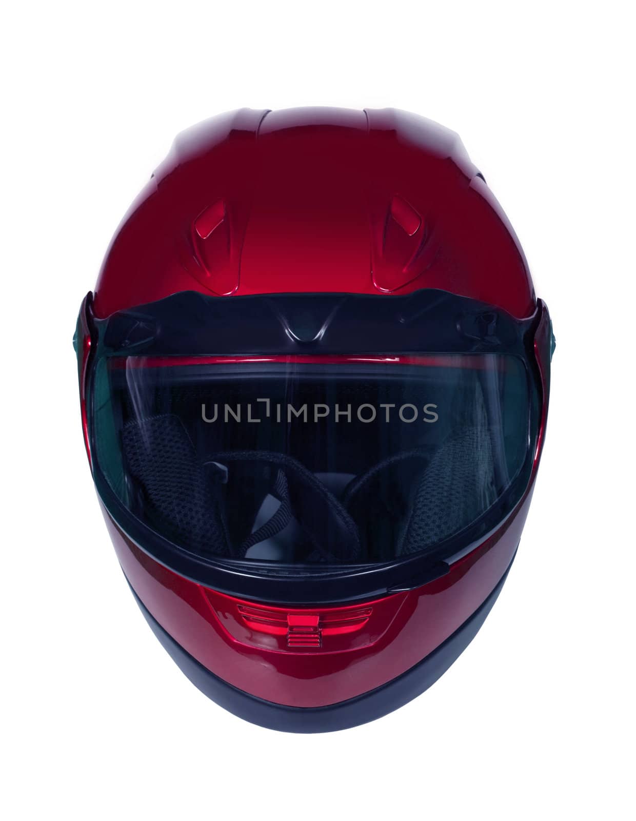 Red motorcycle helmet with blue glass isolated on white with clipping path. Front view