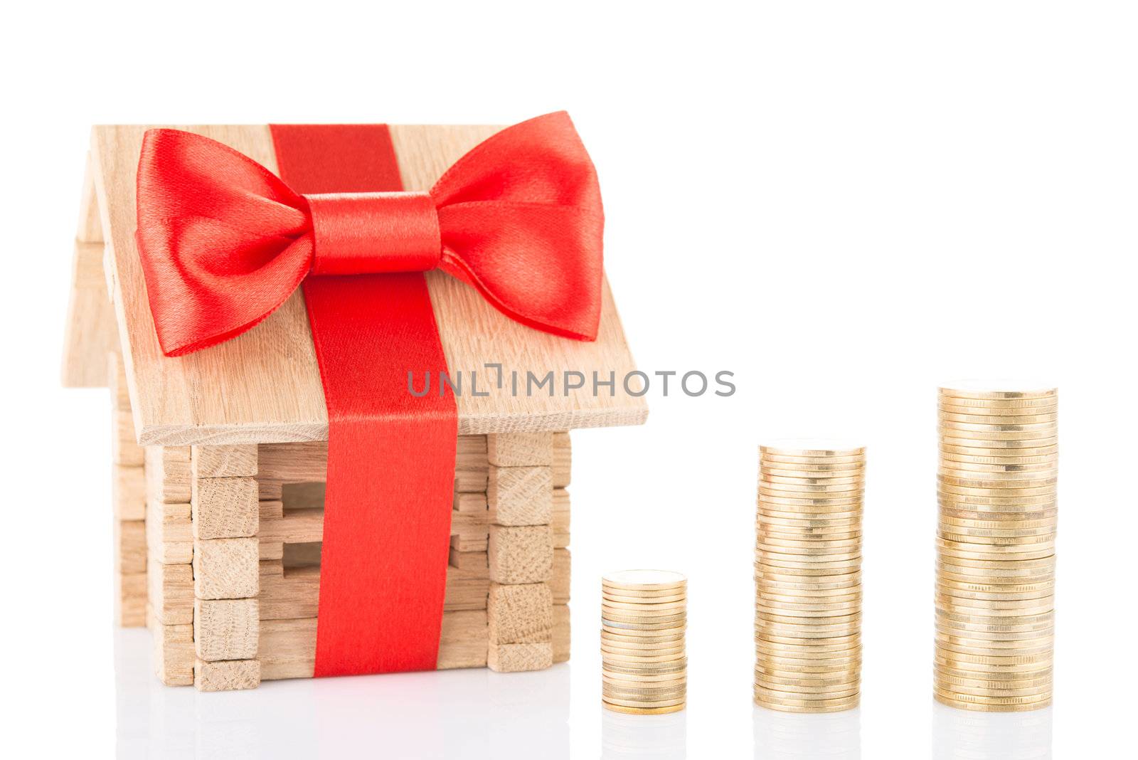 Concept of mortgage with coins and wooden house