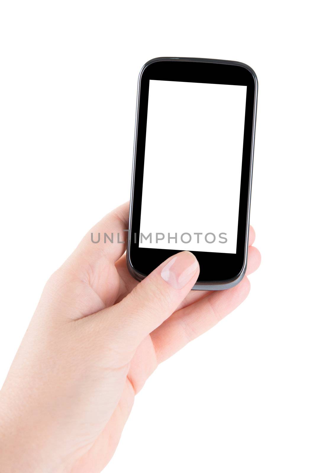 Blank touch screen of smart phone in a hand