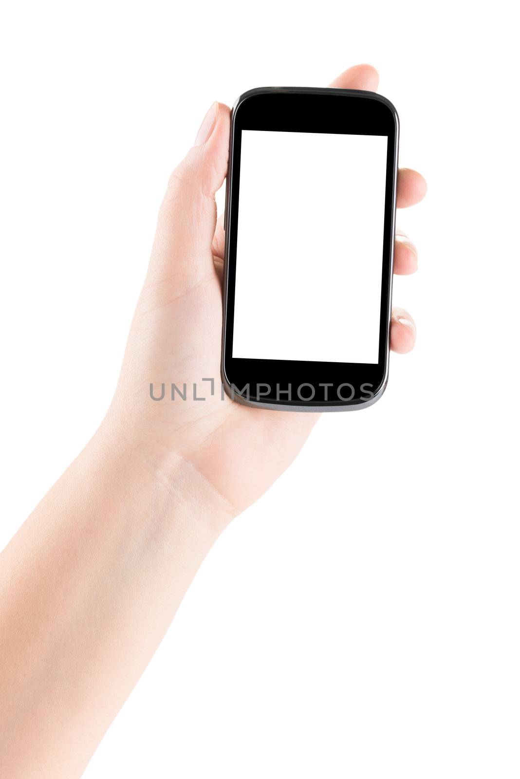 Blank touch screen of smart phone in a hand