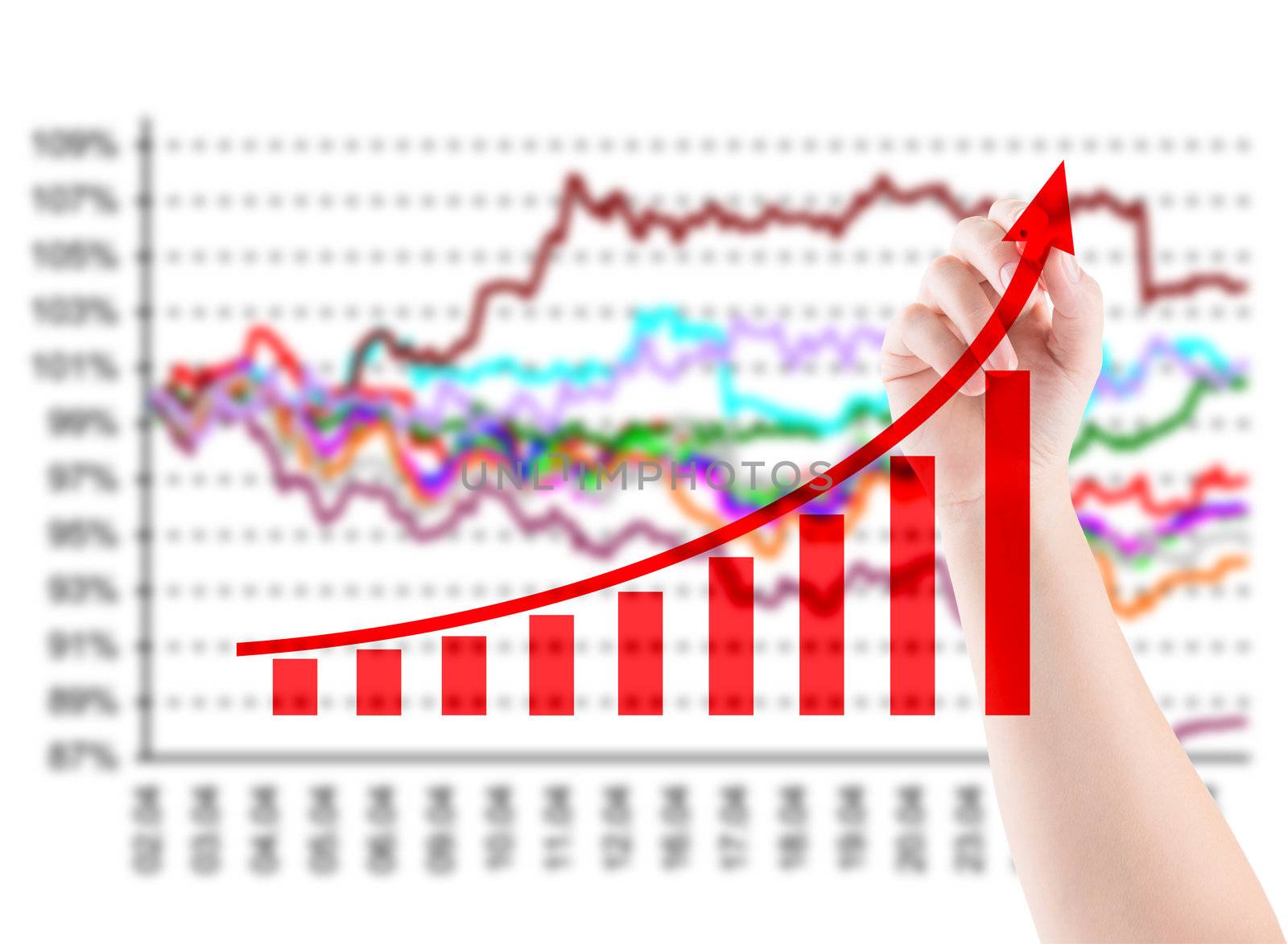 Hand drawing red arrow on graph background