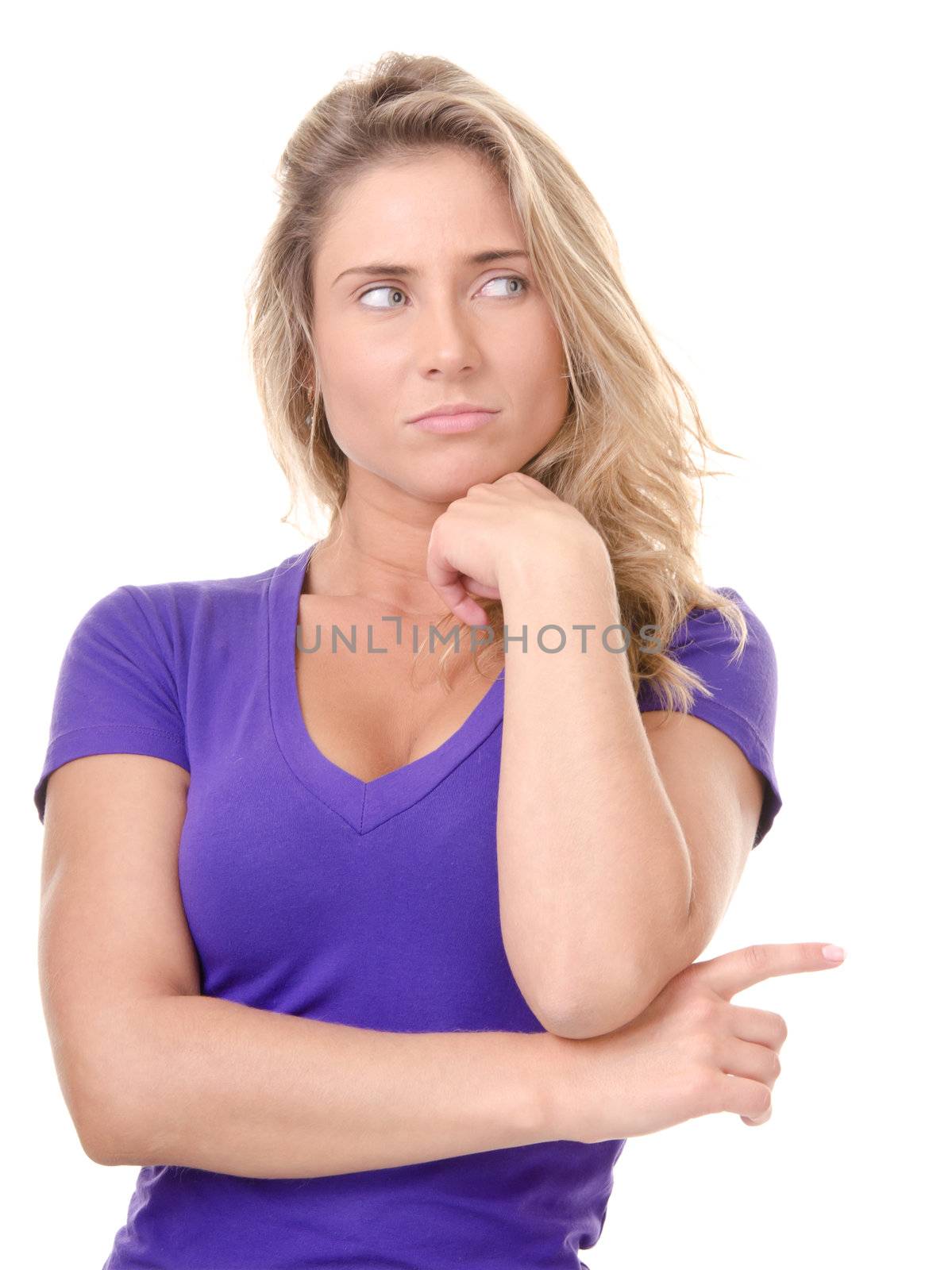 blonde young woman shows advertising gestures and emotions