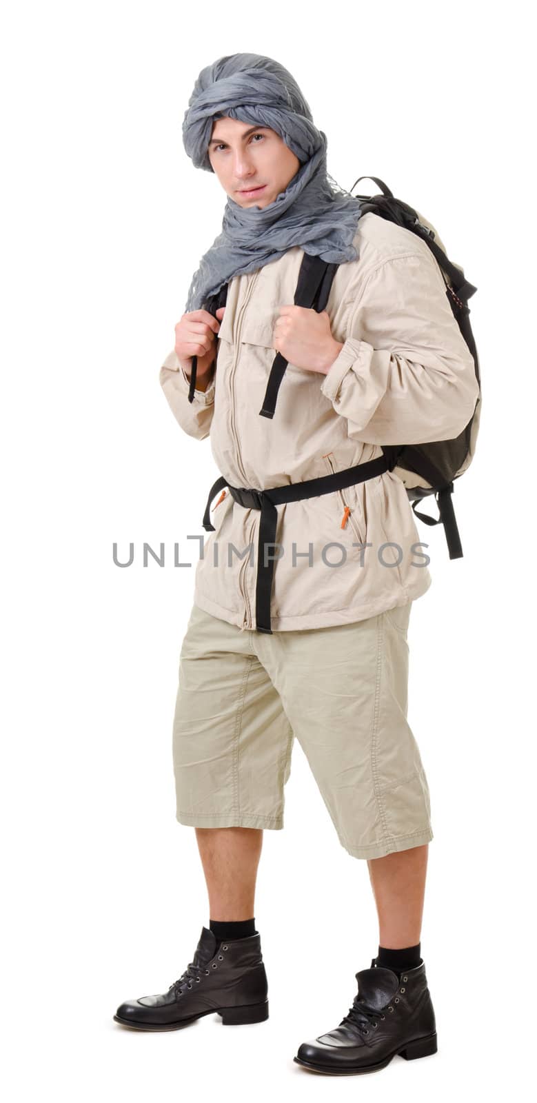 wildman - tourist with backpack on a white background