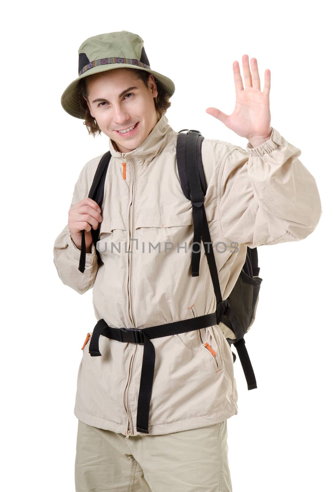 young man - tourist with backpack on a white background