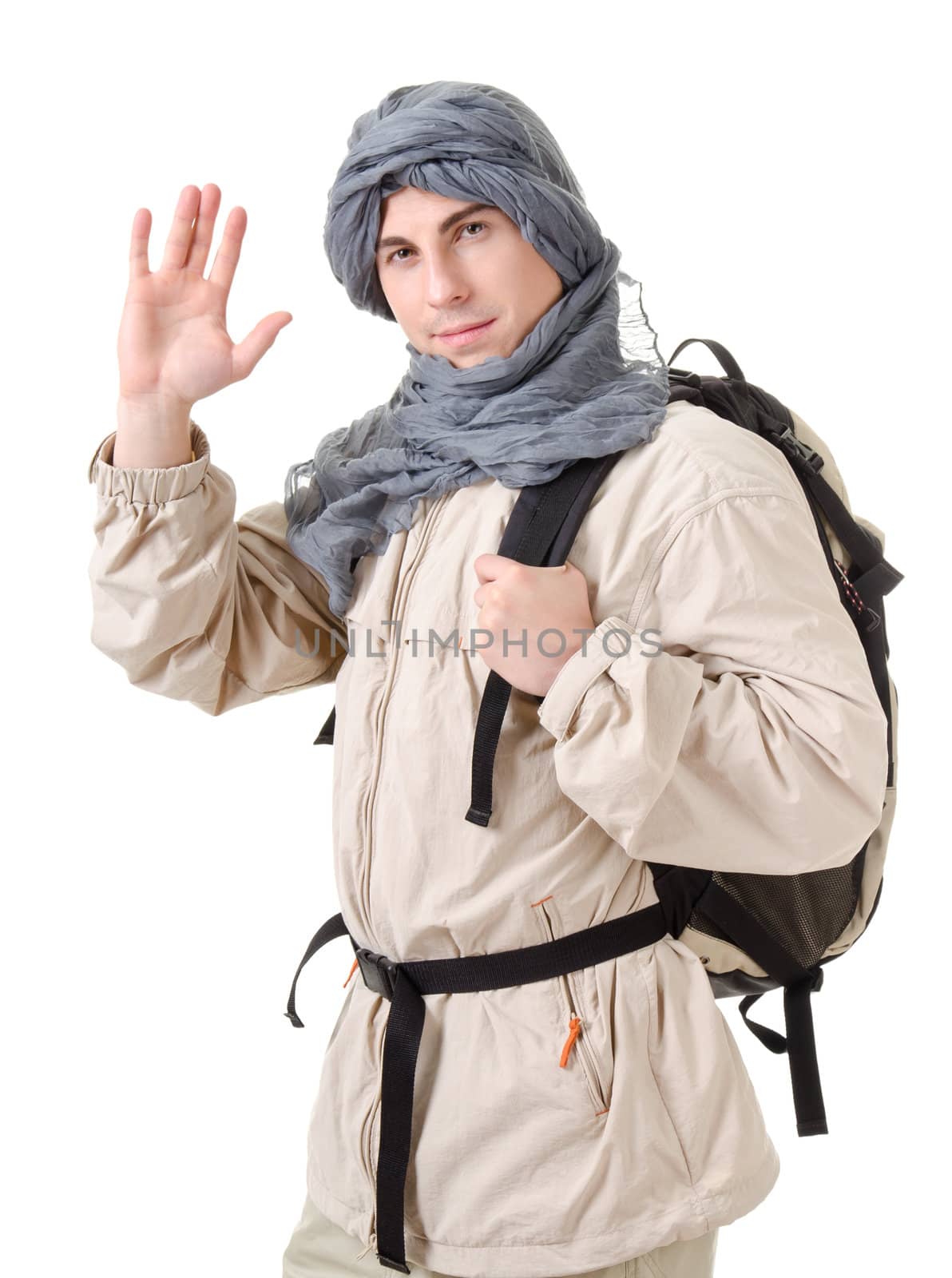 wildman - tourist with backpack on a white background