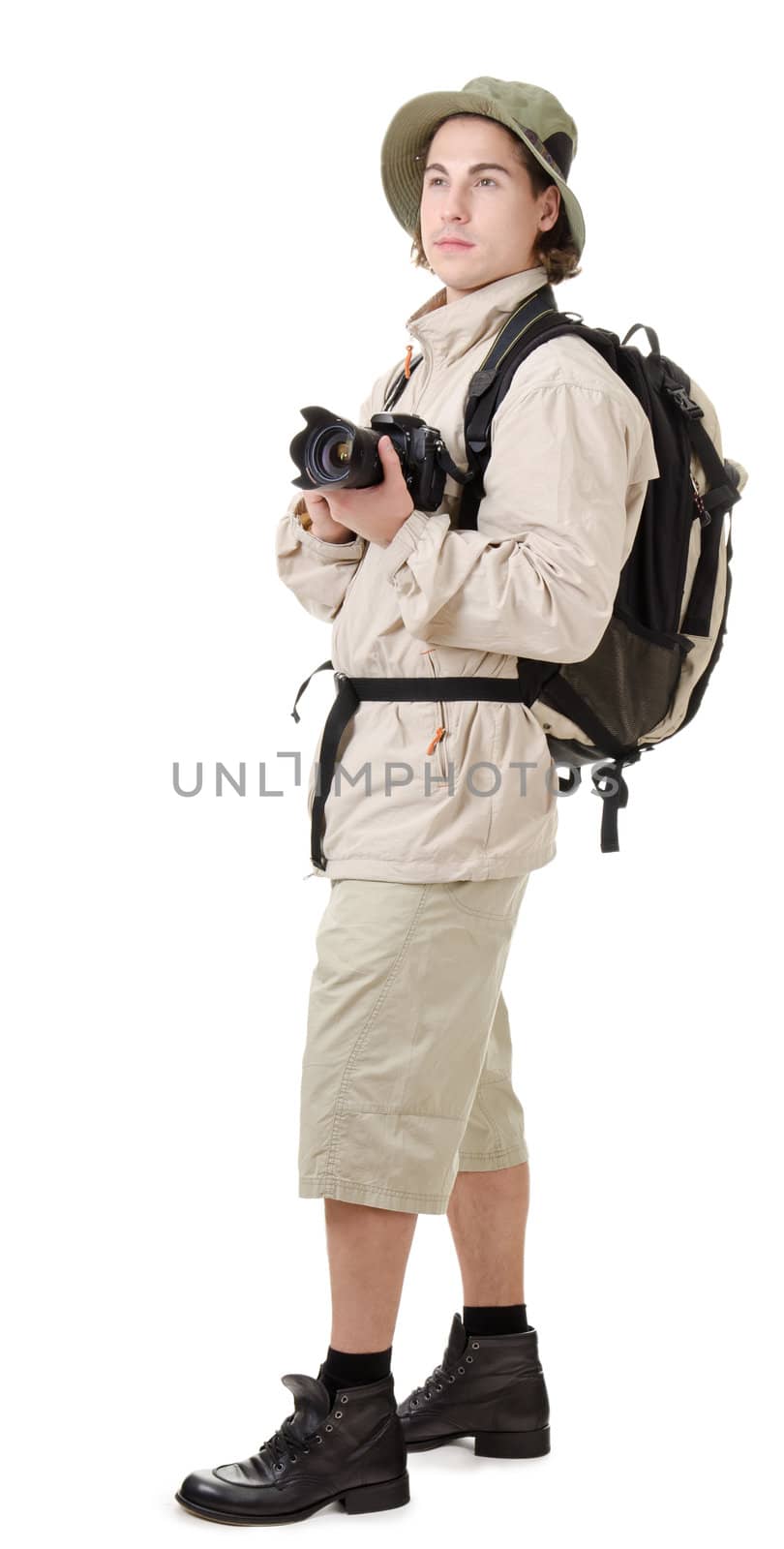 young man - tourist with backpack on a white background