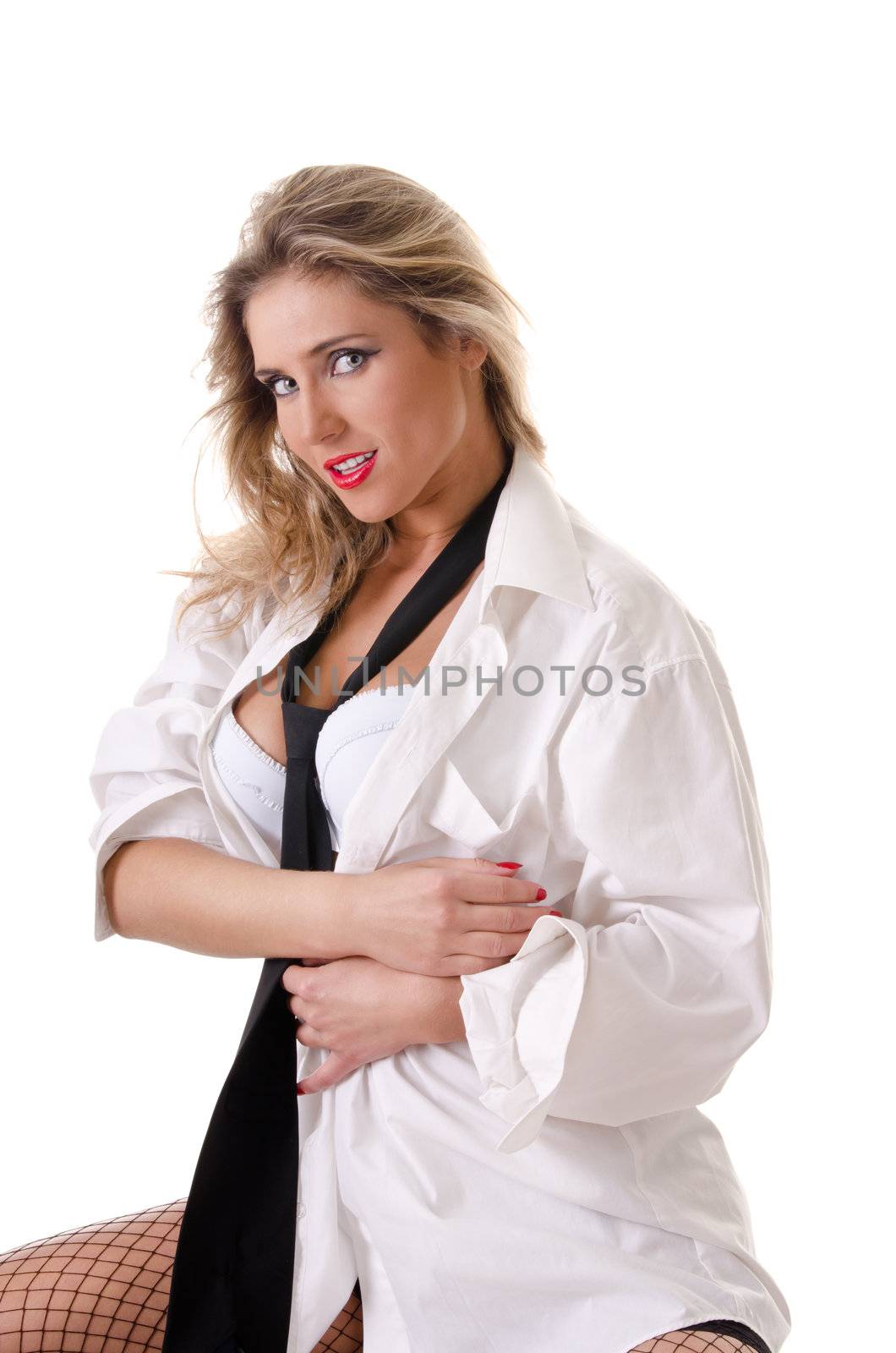half-naked young woman in a white man's shirt