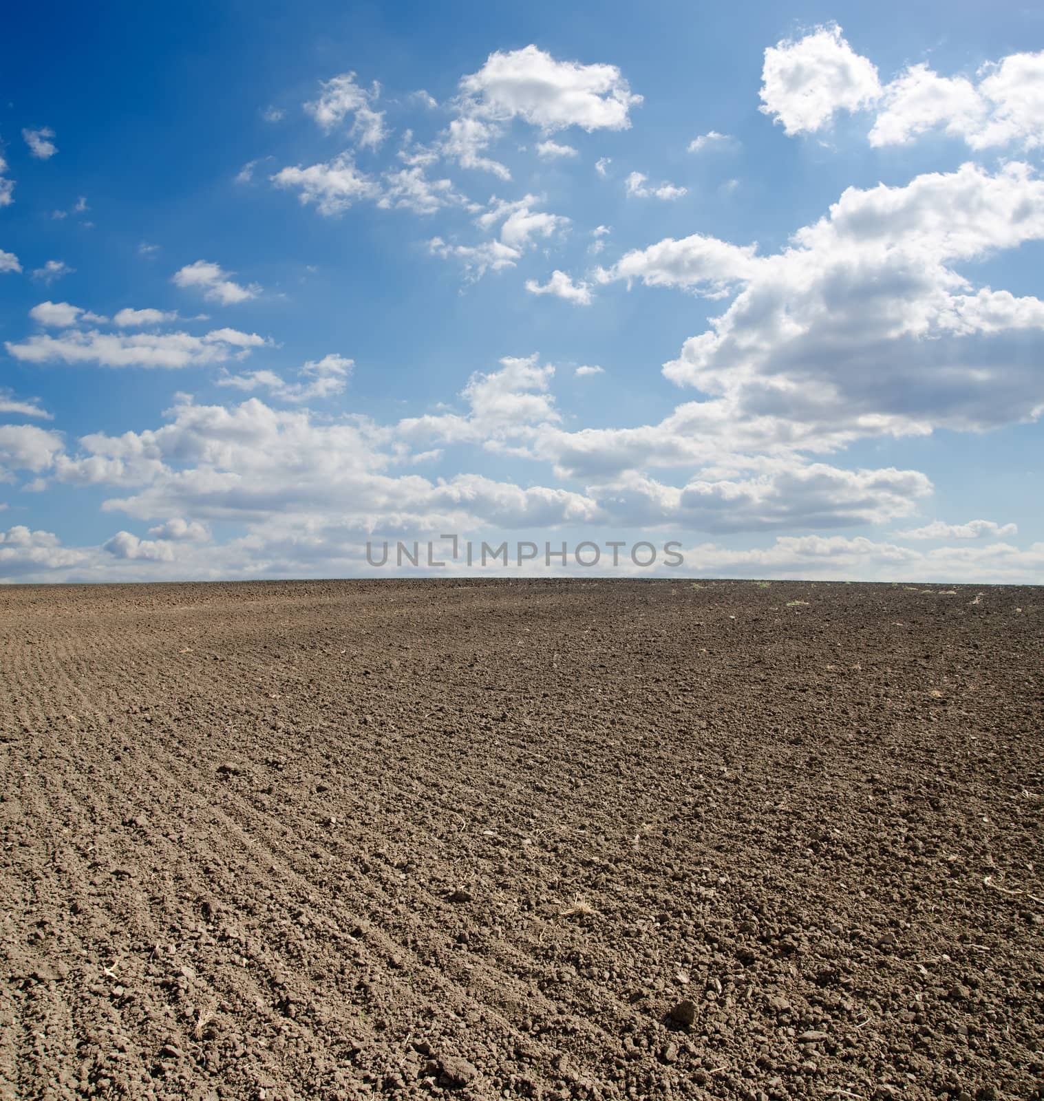 black ploughed field under blue sky