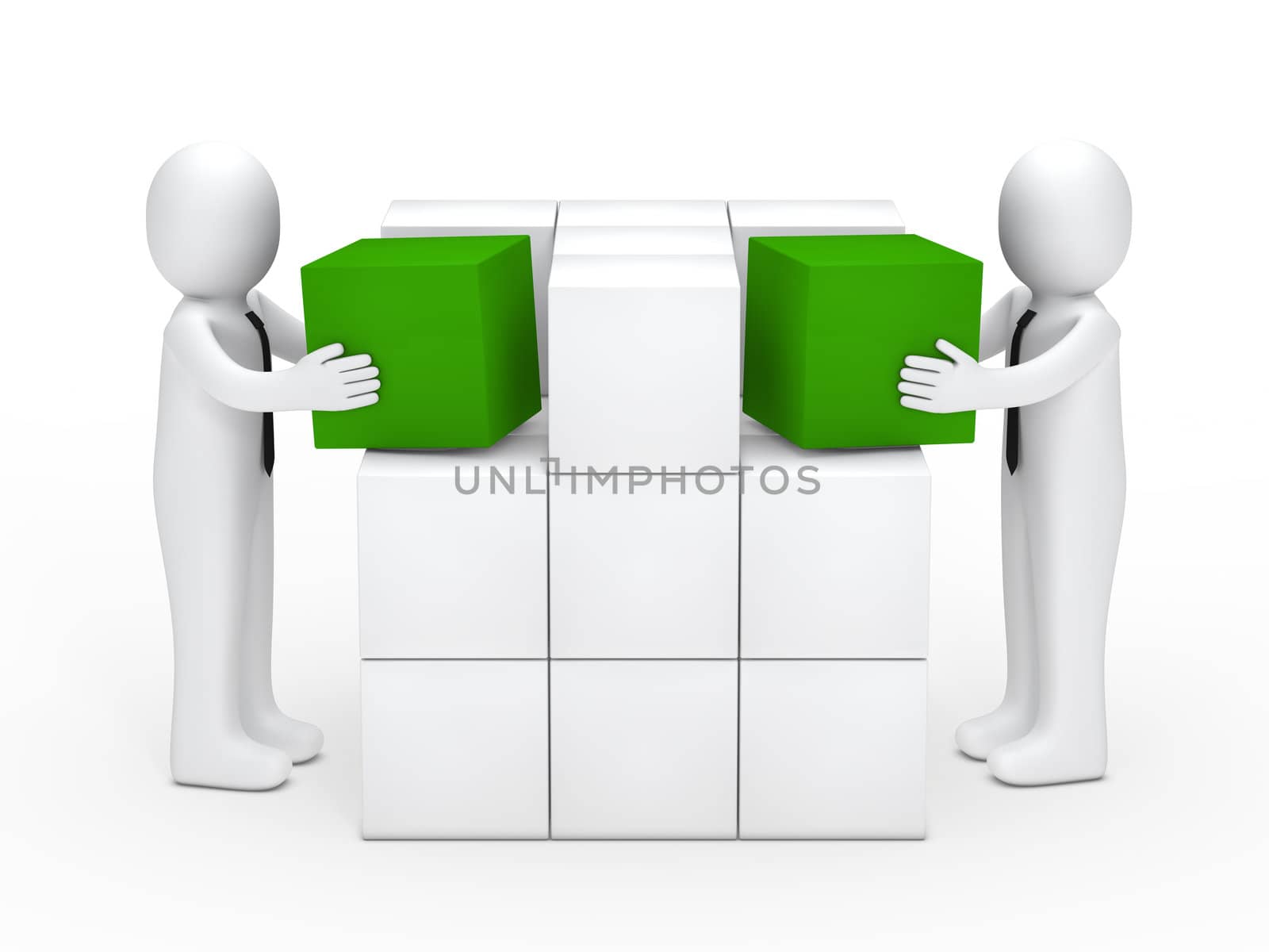 Two businessmen with tie stack green cubes