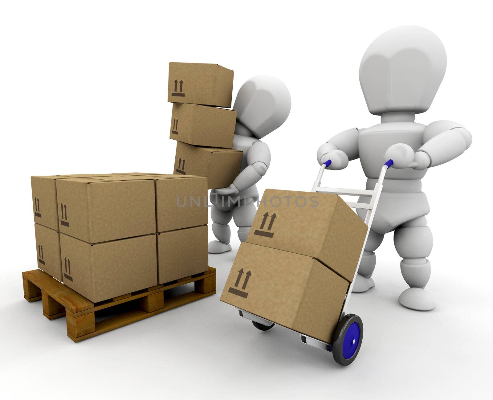 3D render of people moving boxes