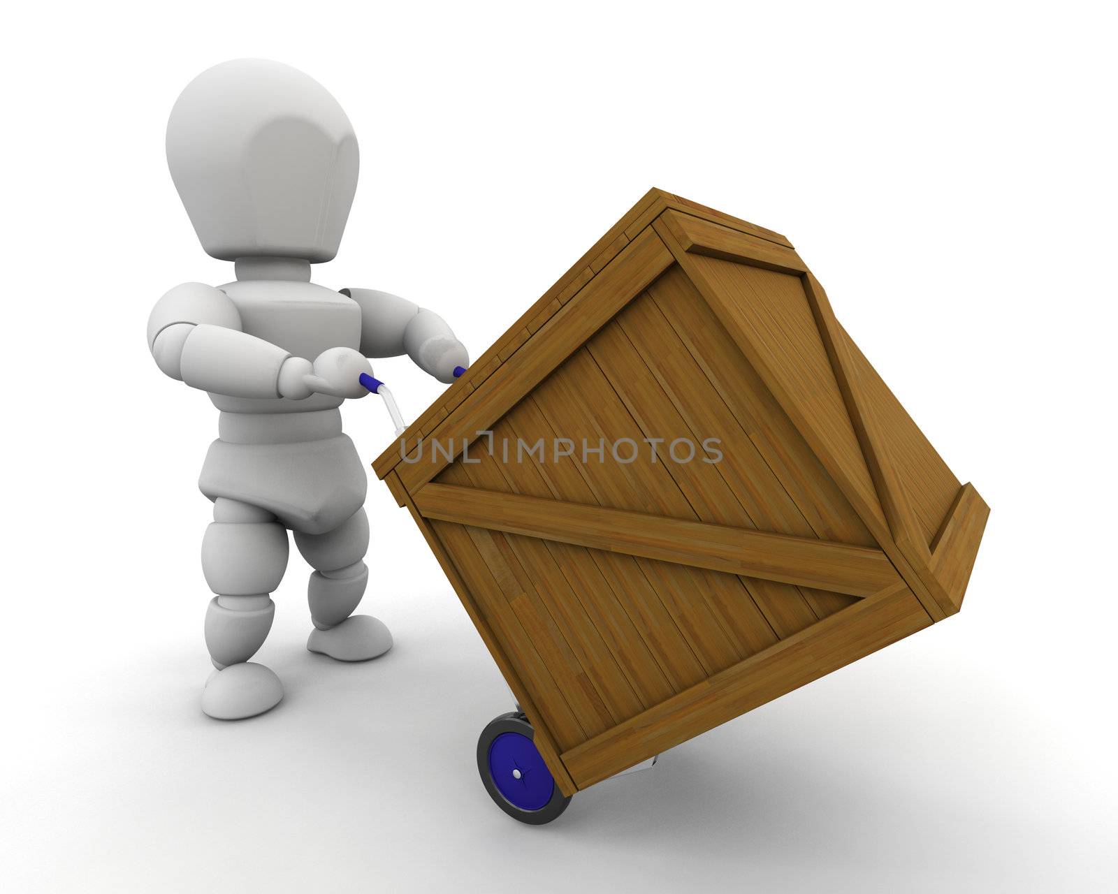 3D render of man moving crate
