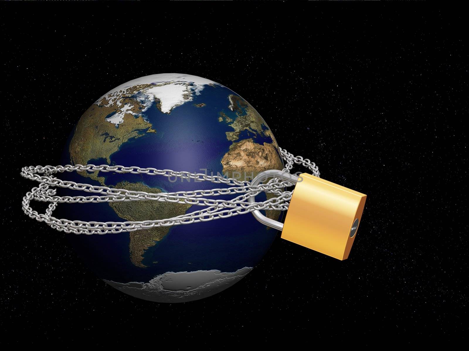 3D render of the world with a padlock and chain around it