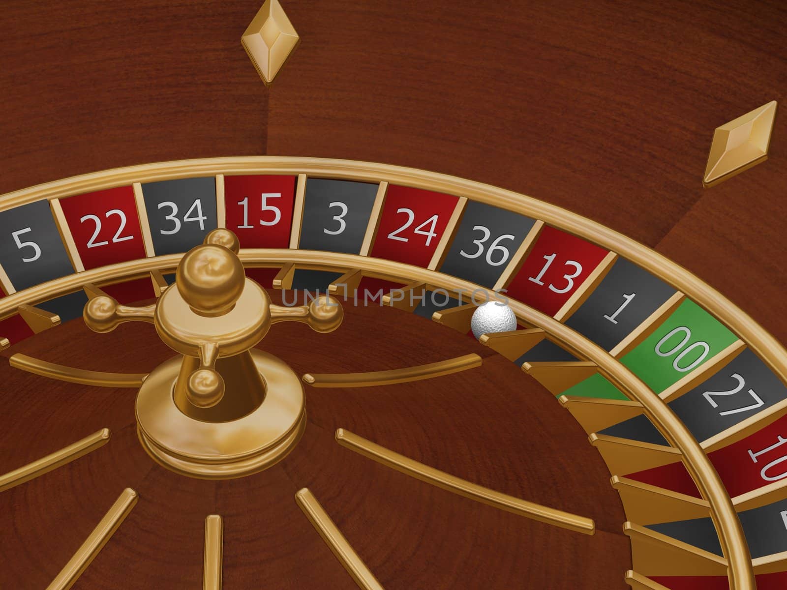 3D render of a roulette wheel with the ball on number thirteen