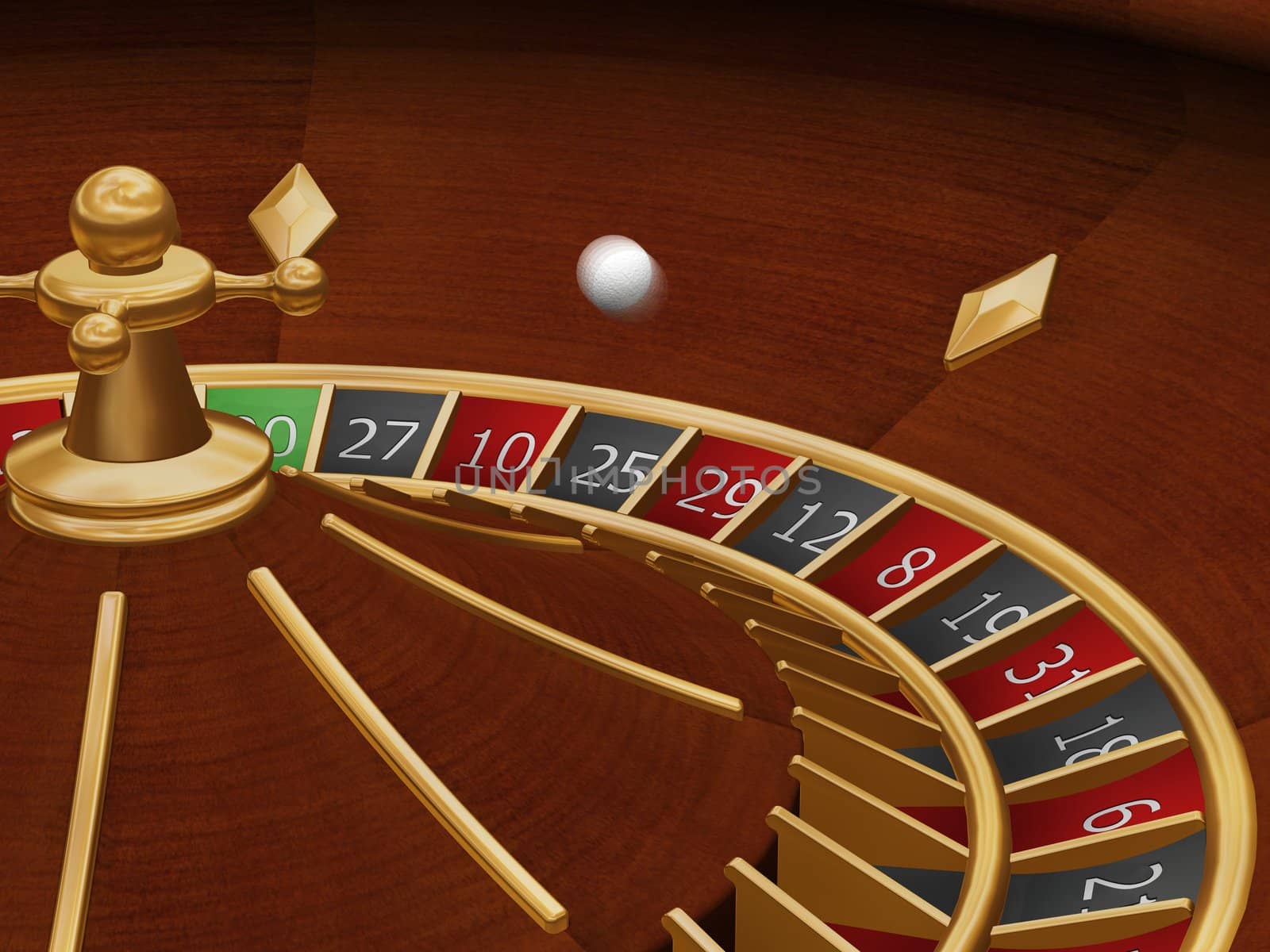 3D render of a roulette wheel with the ball in motion