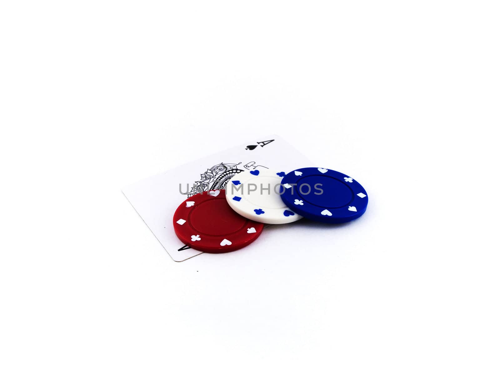 Red White and Blue Poker Chips on Playing Cards by bobbigmac