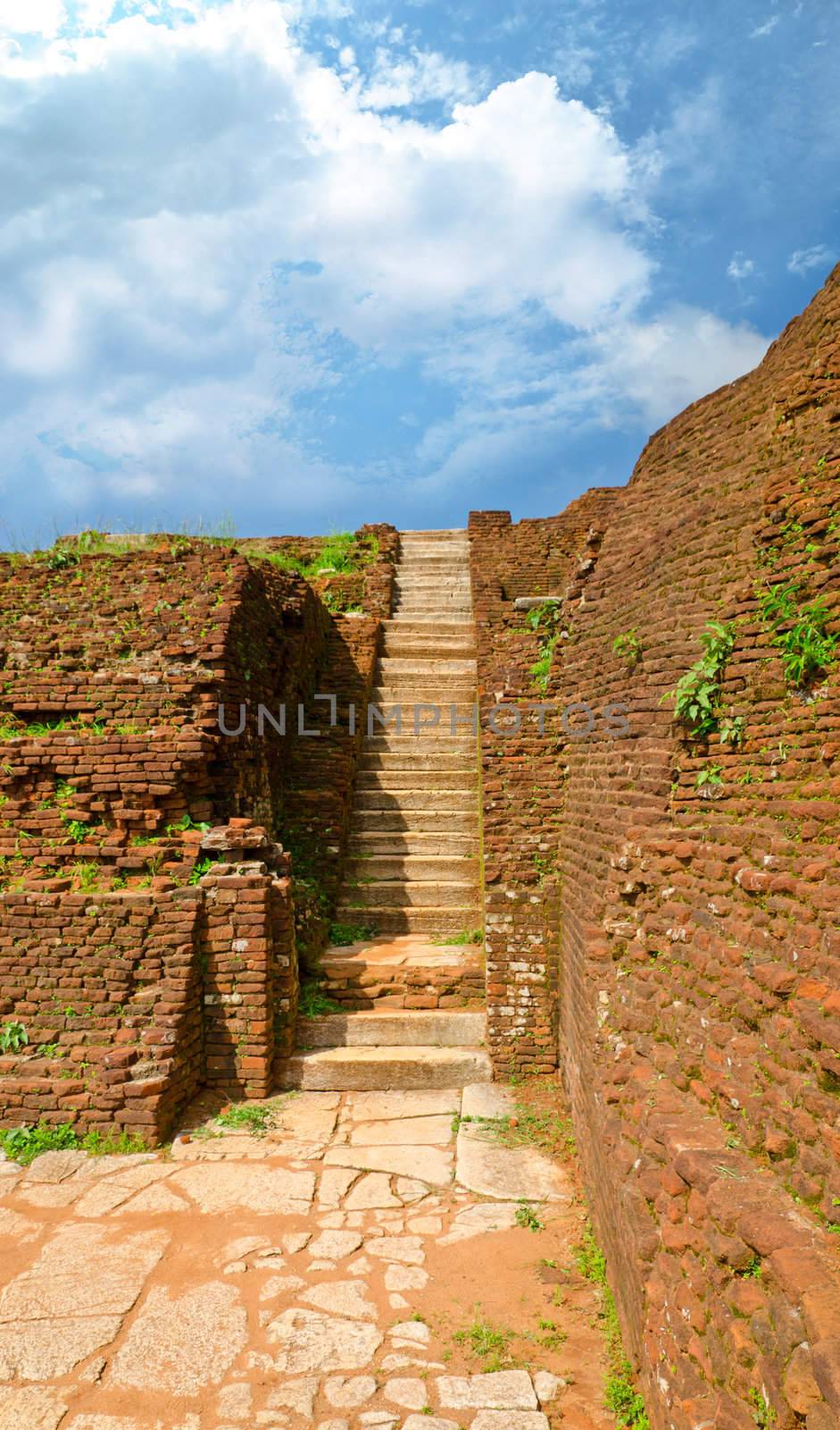 steps and the ruins of the royal palace and the park of Sigiriya by Sergieiev