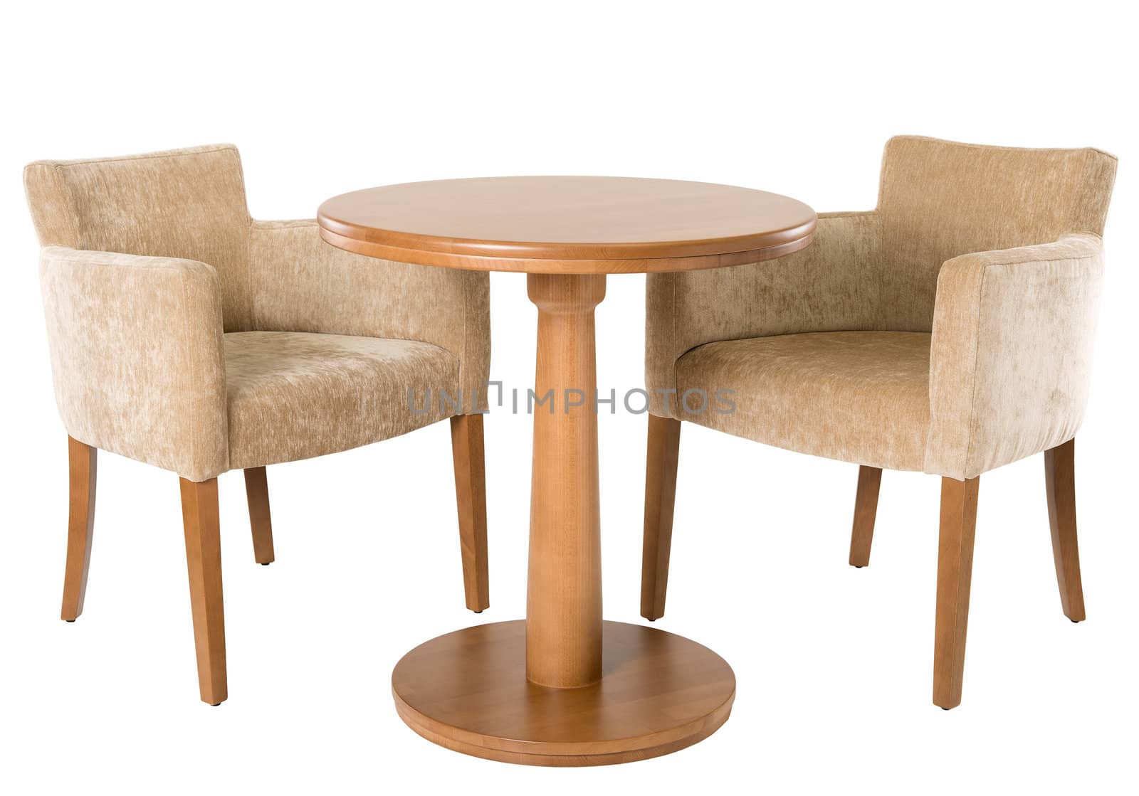 Wooden table and armchairs on white