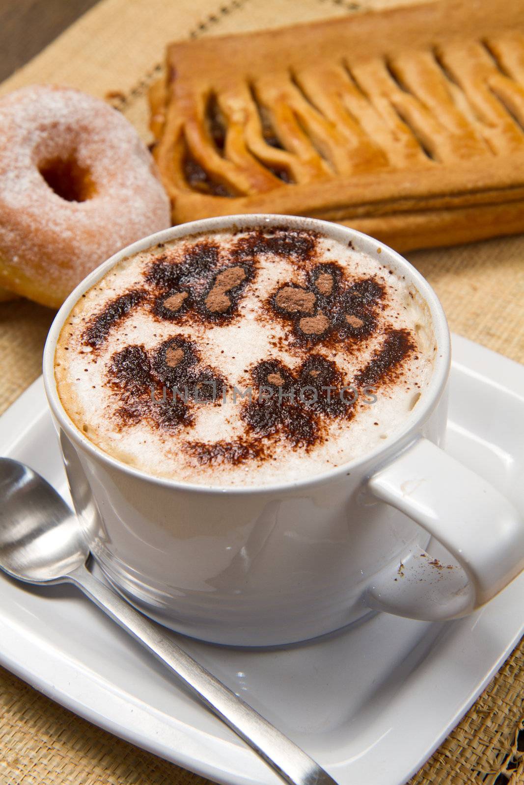 cappuccino with donuts and strudel