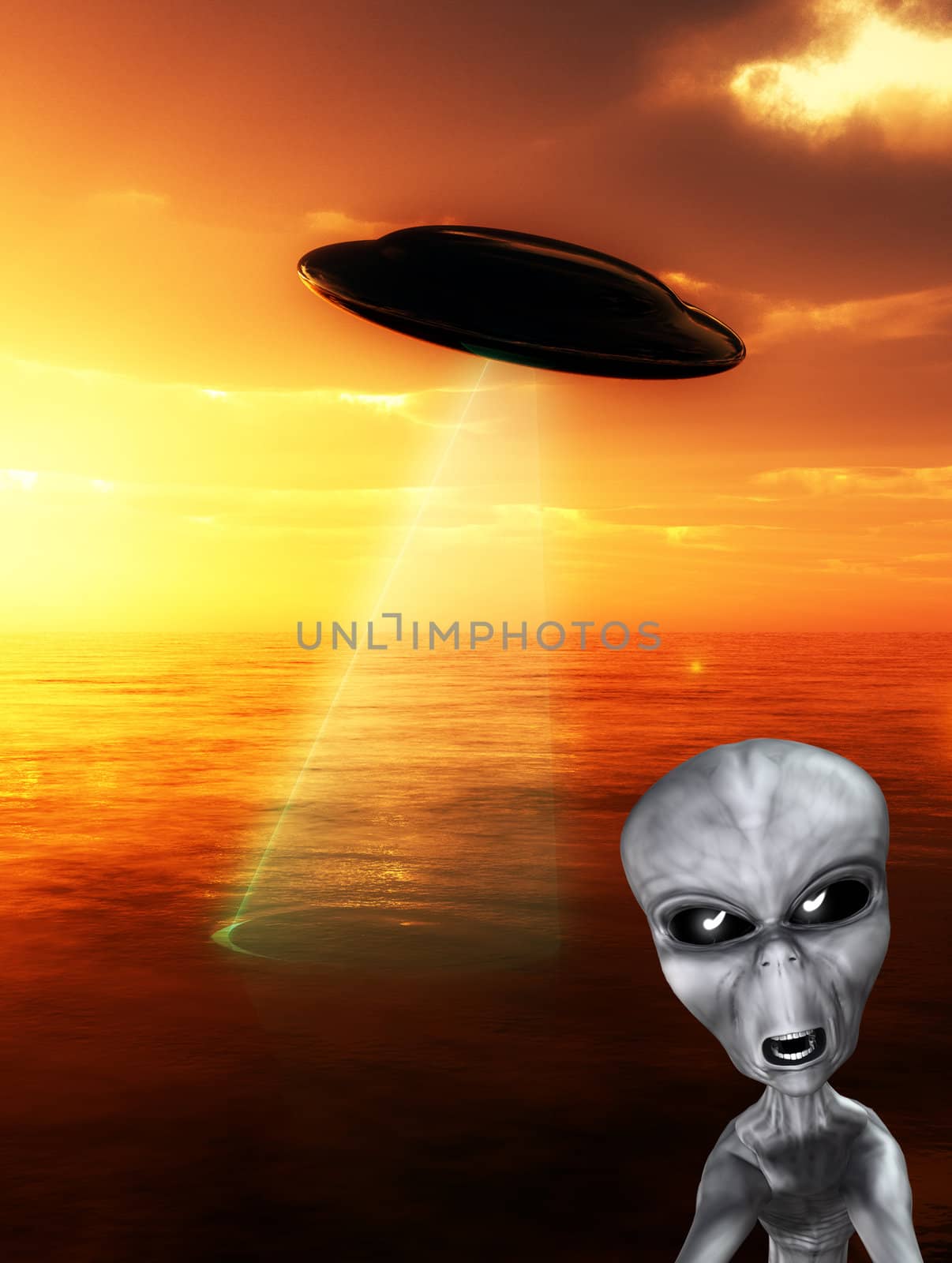 An angry looking alien with a UFO in the background.