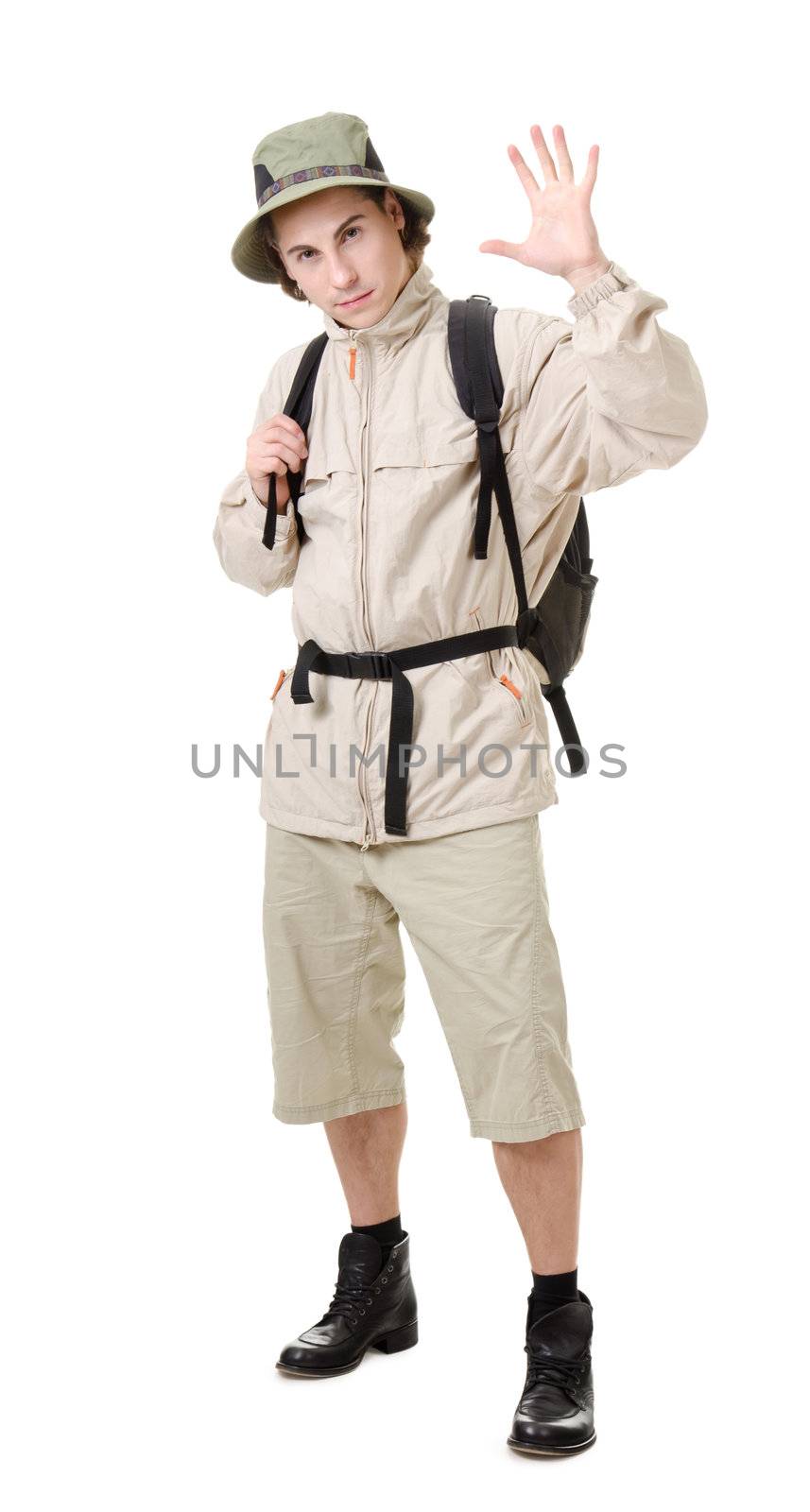 young man - tourist with backpack on a white background