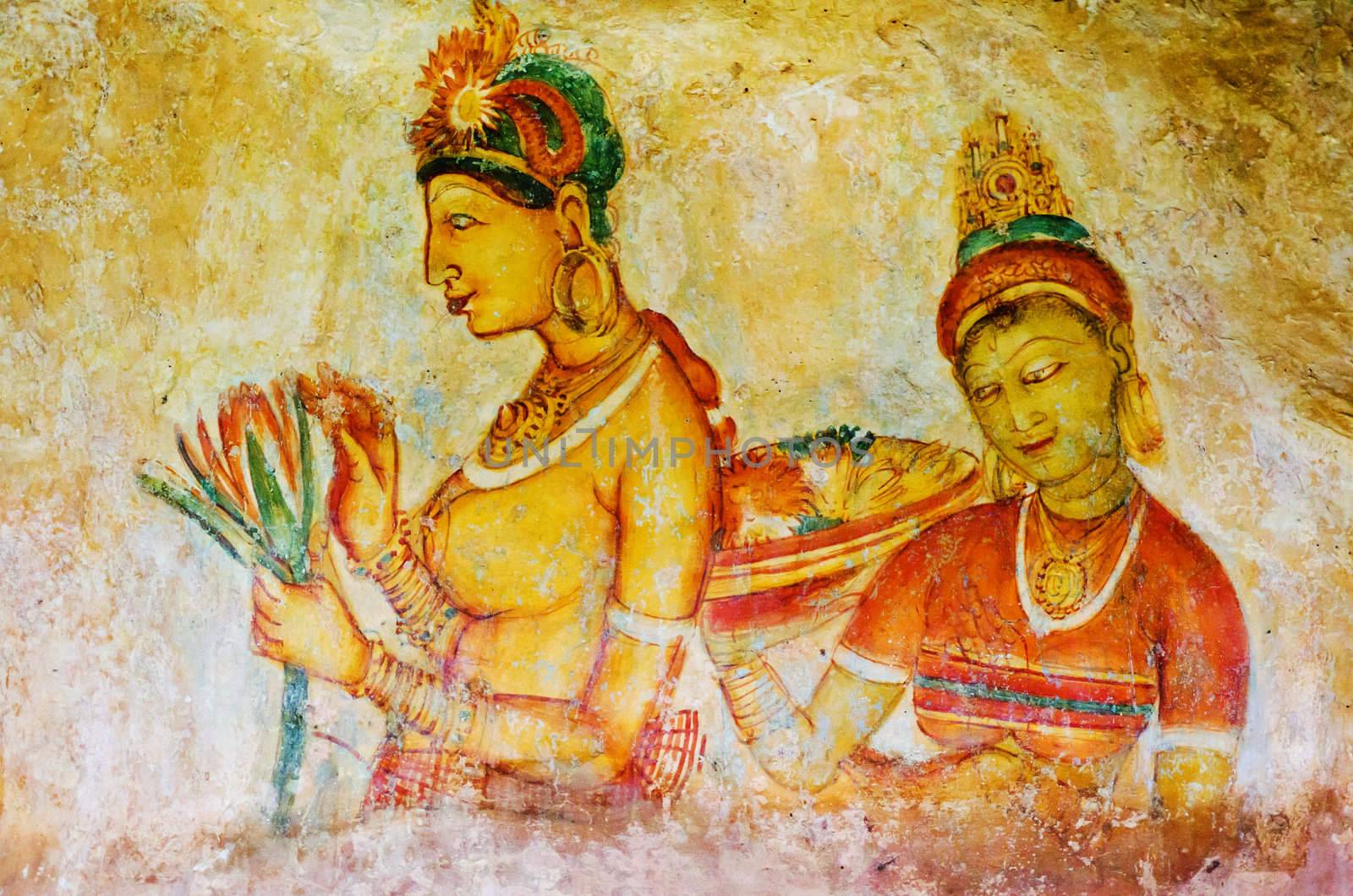 ancient frescos on mount Sigiriya, Sri Lanka ( Ceylon ). by Sergieiev