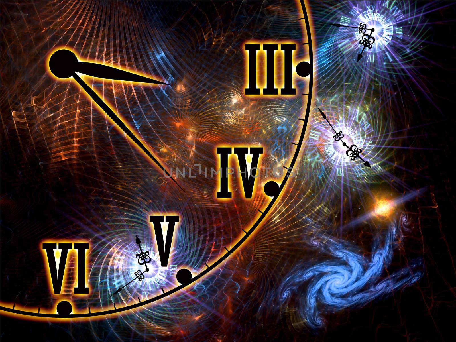 Interplay of time symbols, abstract forms and lights on the subject of space, time, relativity, cosmology, modern science and technology