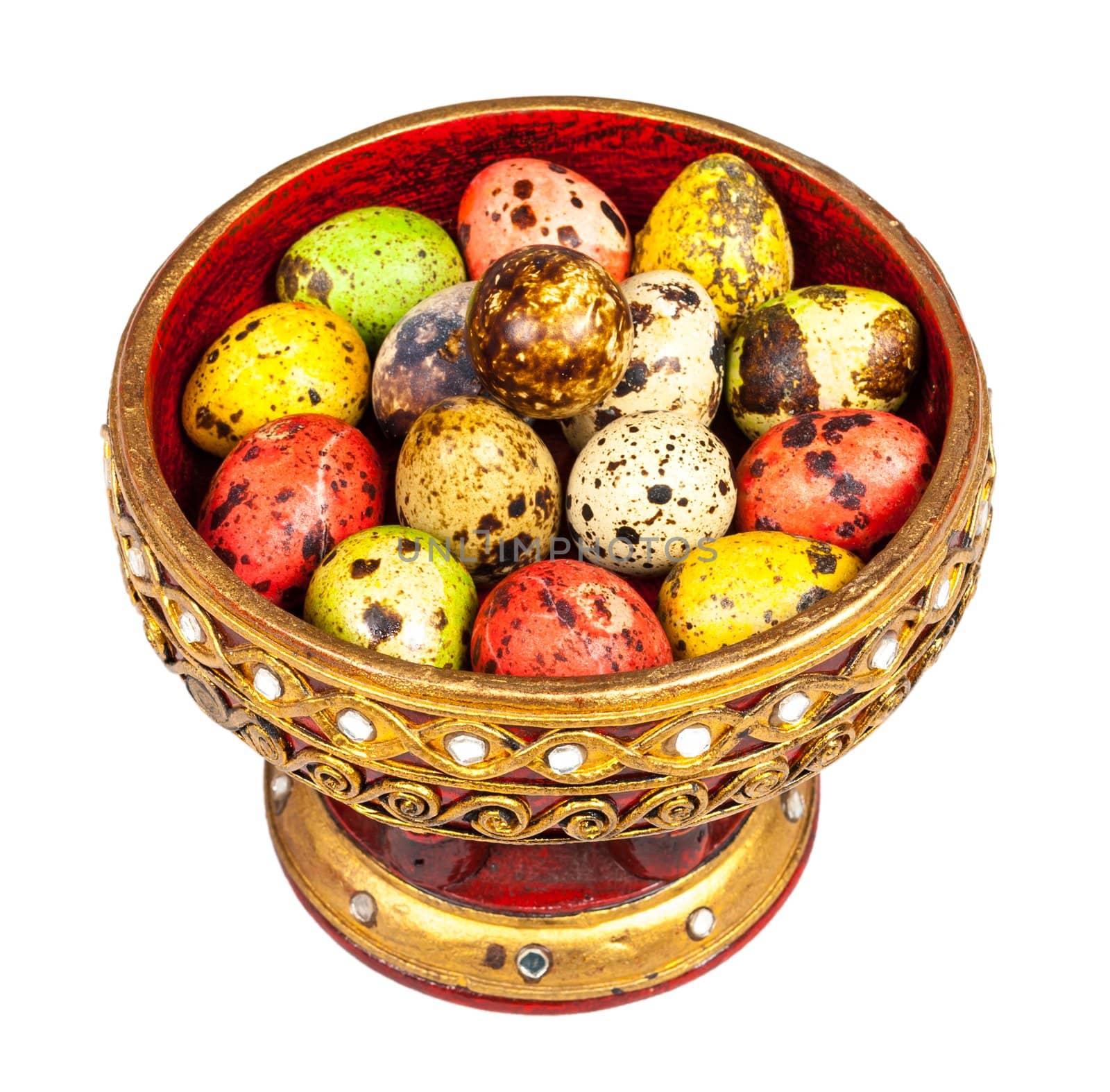 Colored quail eggs (little bird eggs) in Lanna tray on Easter Day