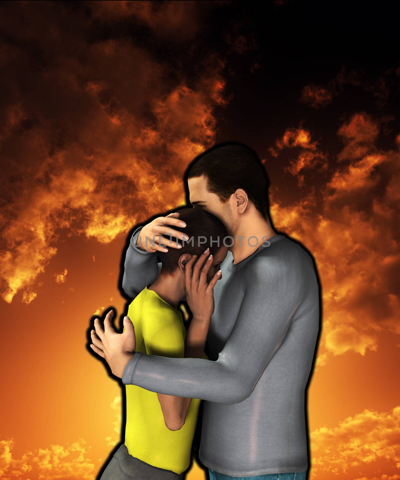 Man and women engaged in a sorrowful hug.