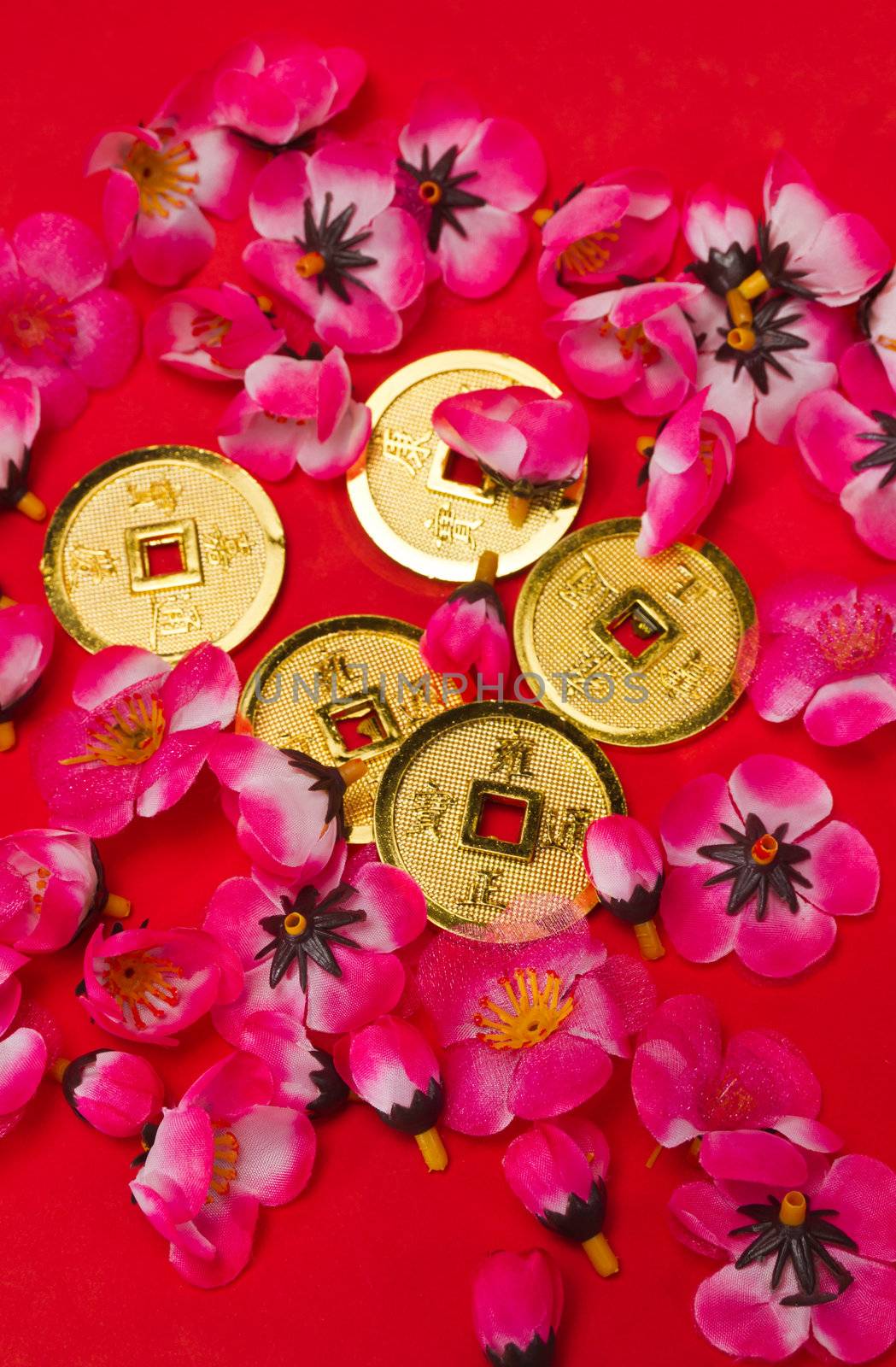 Golden coins ornaments with plastic cherry blossoms on red surface for CNY celebration in portrait orientation