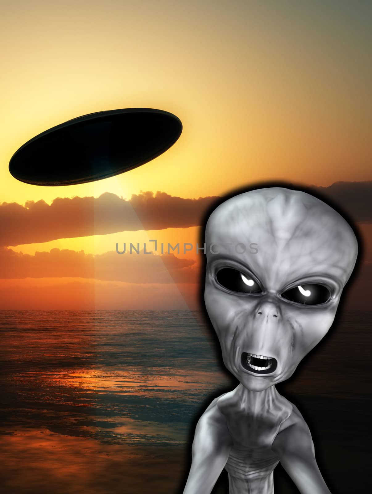 An angry looking alien with a UFO in the background.
