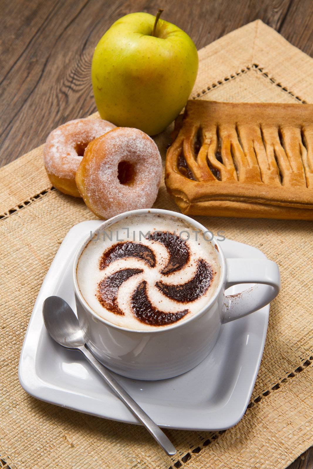 cappuccino with donuts and strudel