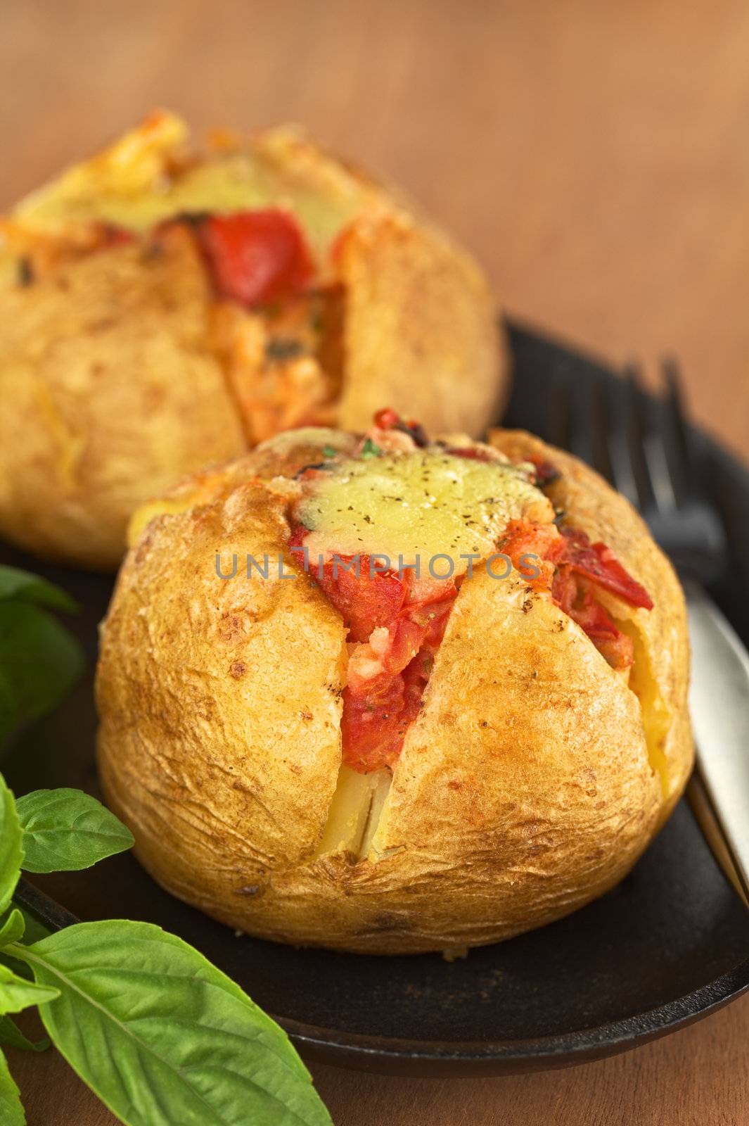 Baked potato with tomato filling and cheese on top on metal plate garnished with basil leaf (Selective Focus, Focus on the front of potato)