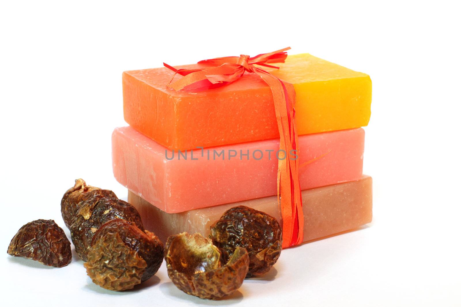 Handmade Soap and soap nuts close up. Spa products