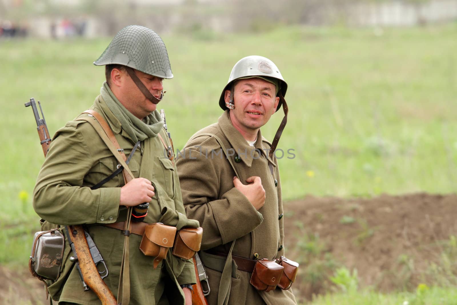 Odessa ,UKRAINE. May 8, 2011. German soldiers of WW2 at the combat. Military history club. Historical military reenacting. Demonstration for public historical reconstrucrion of one of combats between Soviet and German armies. German uniform WW2