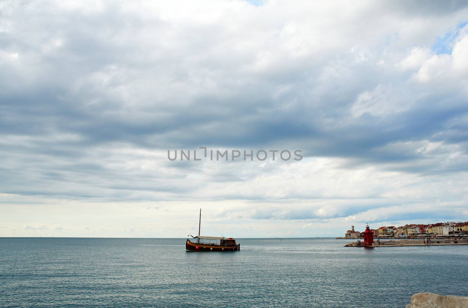 View of boat in the Piran sea, Slovenia