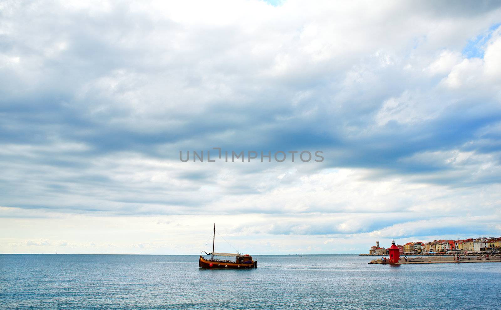 View of boat in the Piran sea, Slovenia