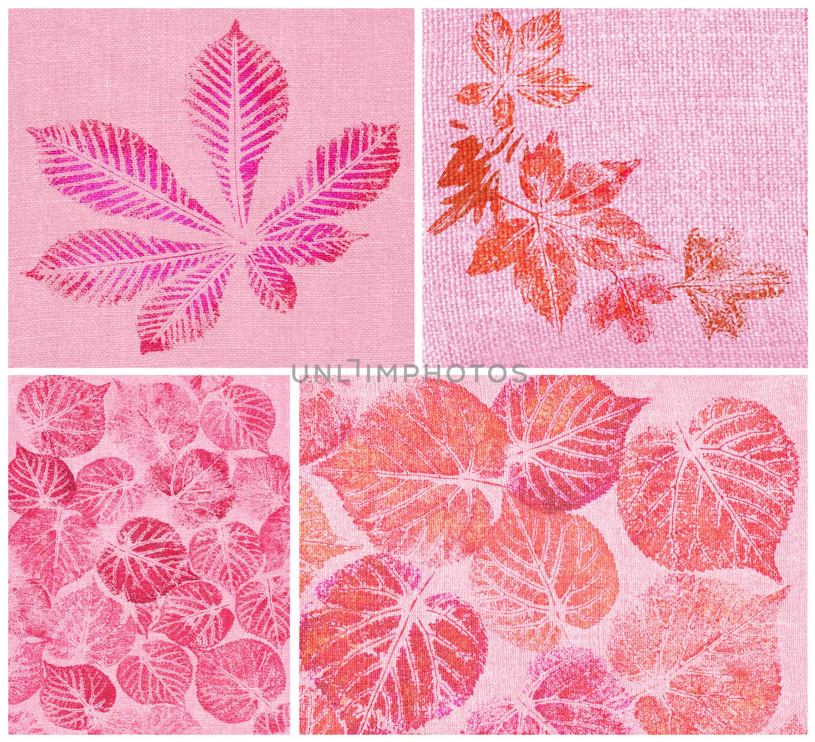 set abstract backgrounds, hand draw, pink and lilac leaves on canvas