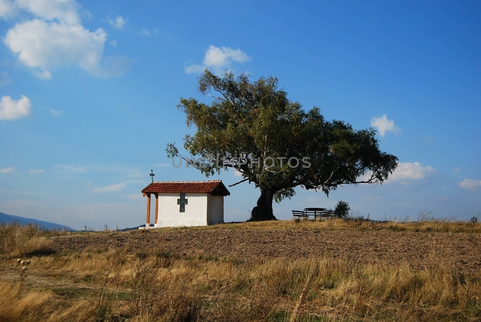 Landscape with chapel, cross and big tree