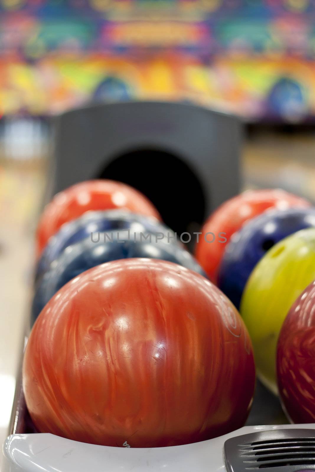 Closeup photo of bowling balls. Shallow focus.
