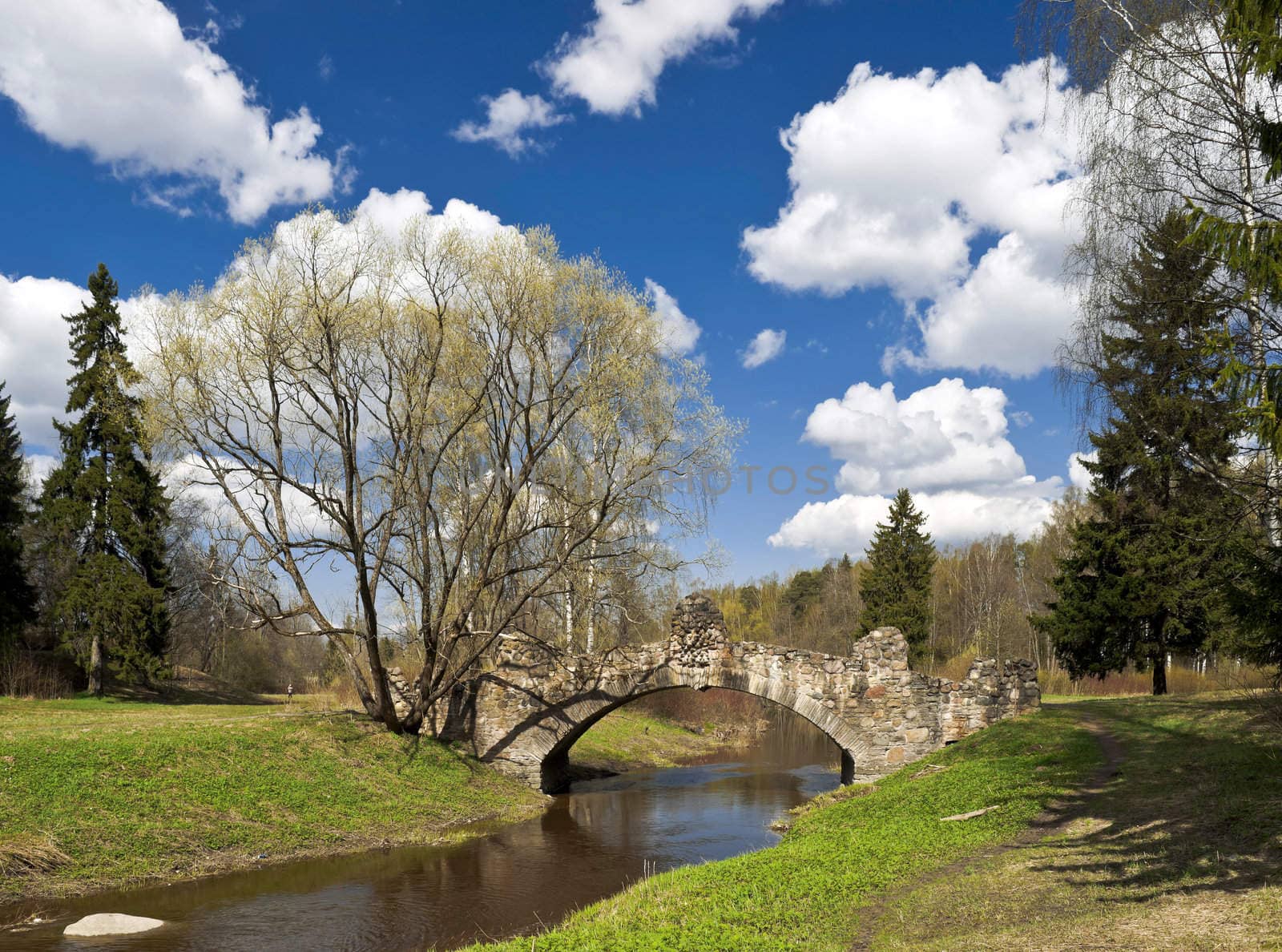 Stone bridge in the early spring park