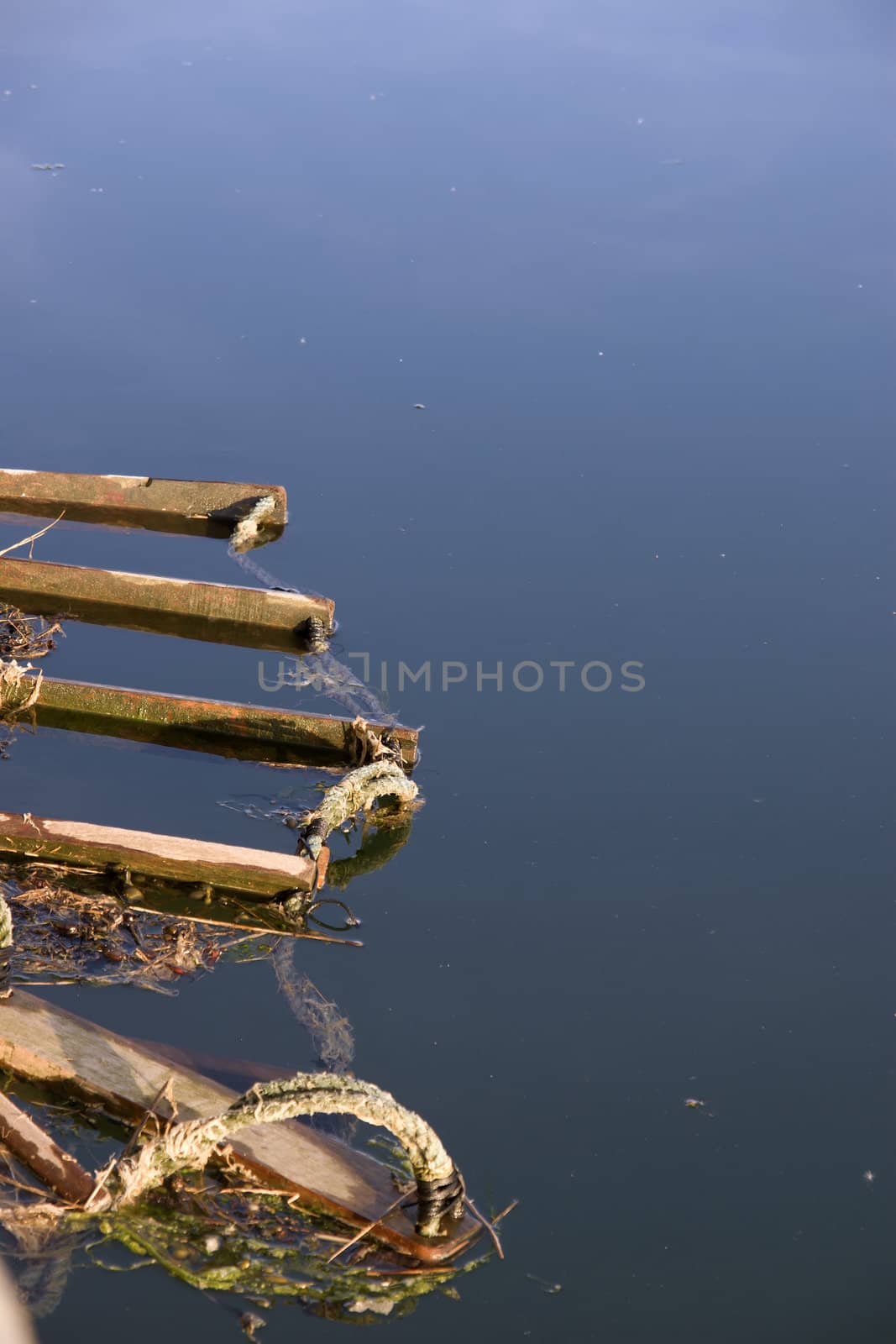 wood tied together by rope drifting along the river