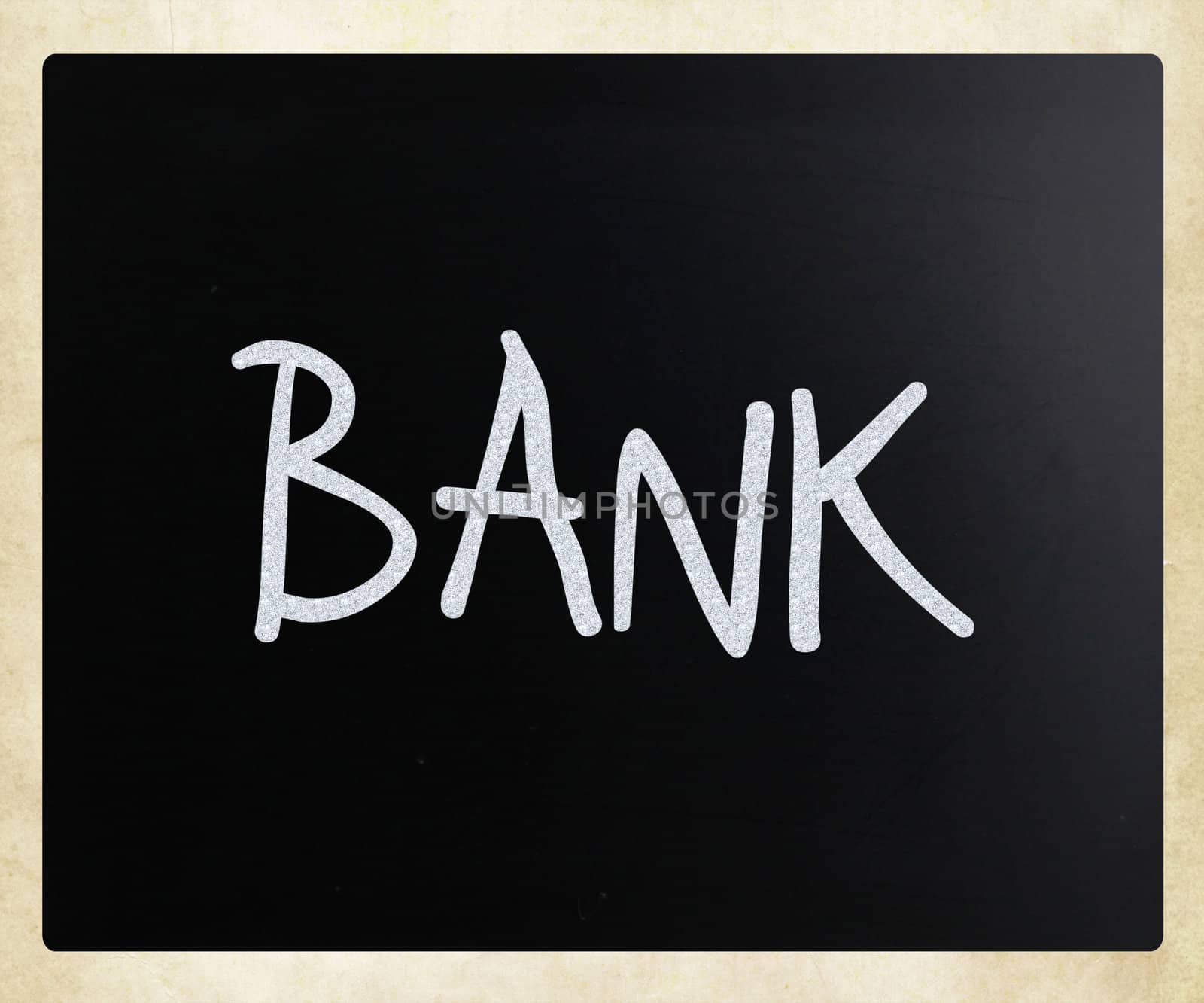 The word "Bank" handwritten with white chalk on a blackboard