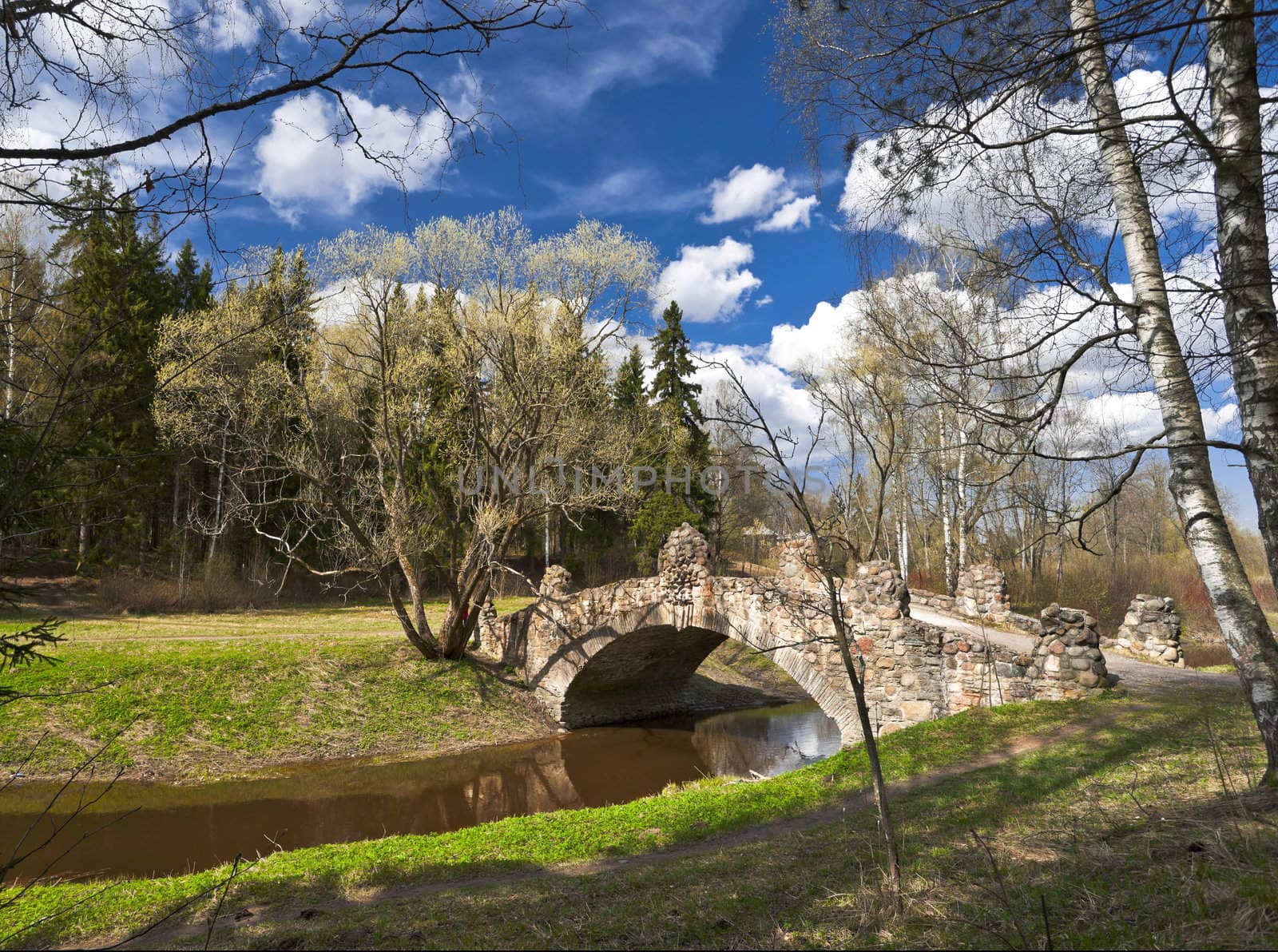 Stone bridge in the early spring park