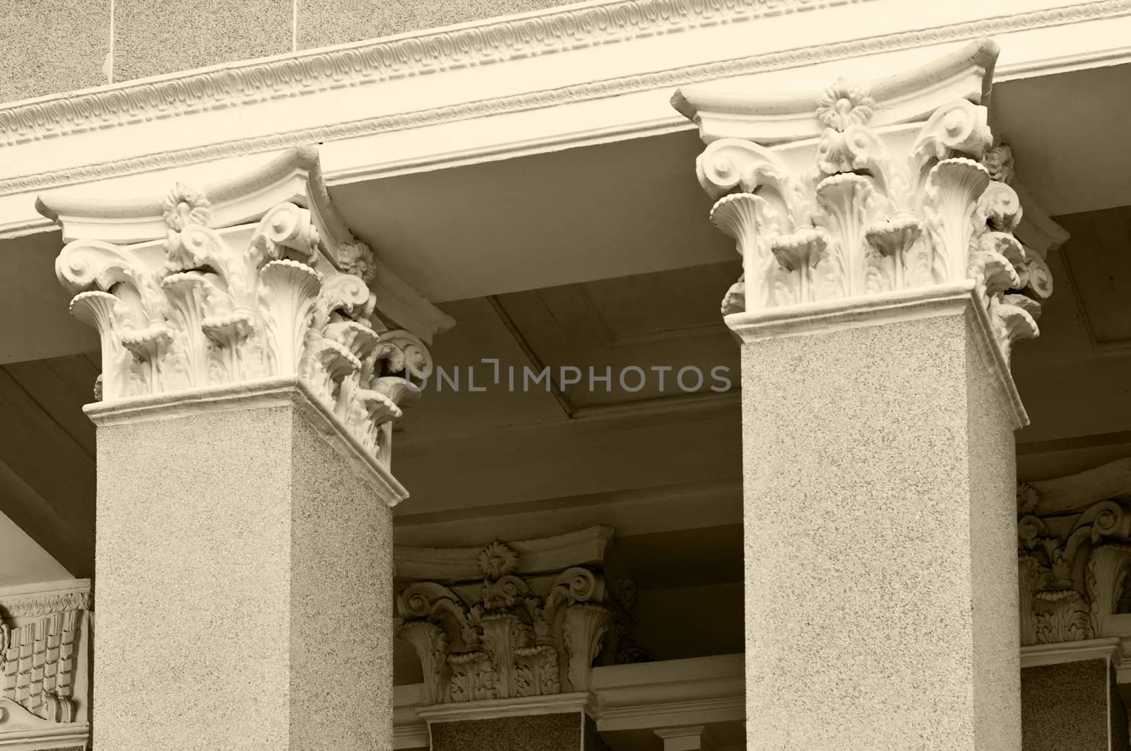 close-up of classic columns in black and white by alena0509