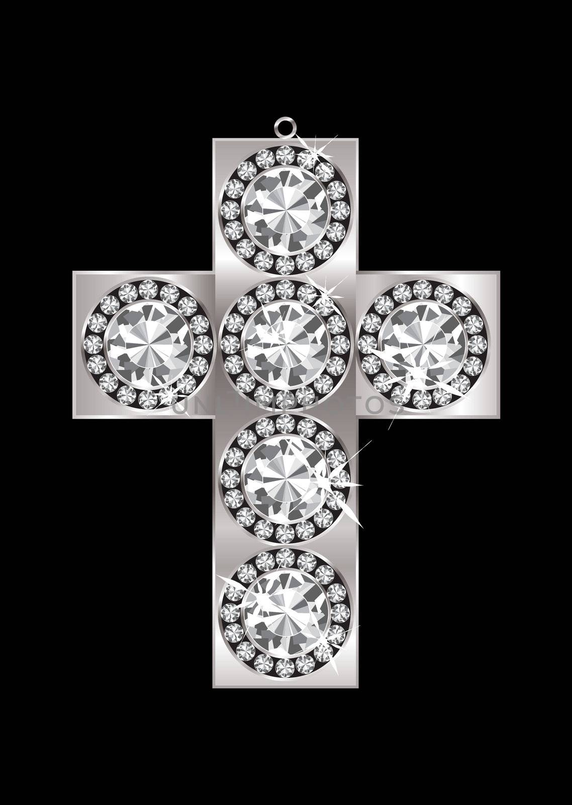 Silver crucifix pendant encrusted with diamonds and black background