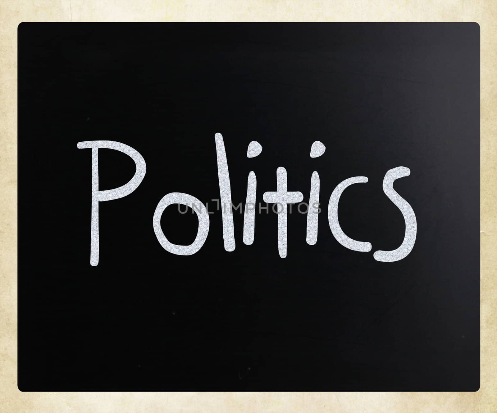 The word "Politics" handwritten with white chalk on a blackboard