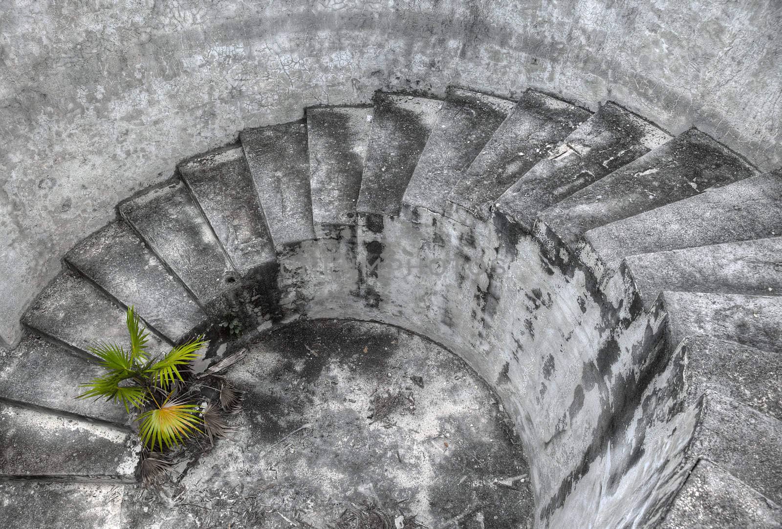 An ancient spiral staircase in an old abandoned mansion.