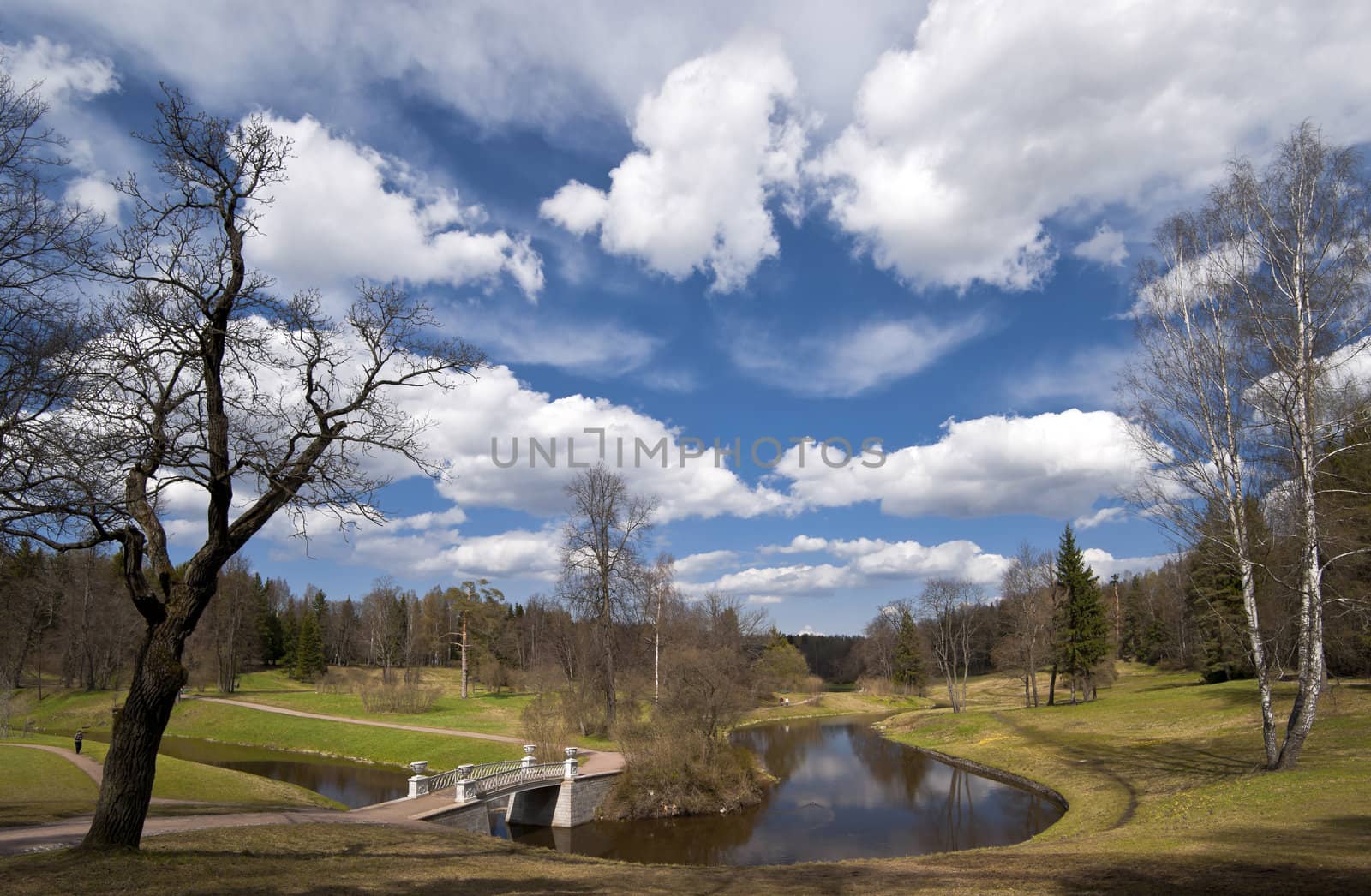 Classical view of spring park with bridge decorated of vases 