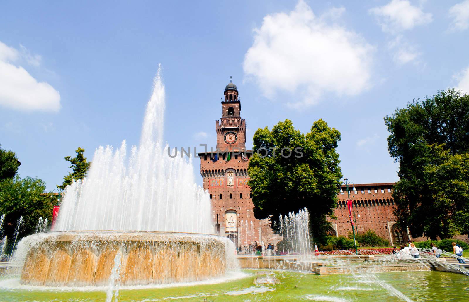 Fountain next to the Sforzesco castle in Milan, Italy